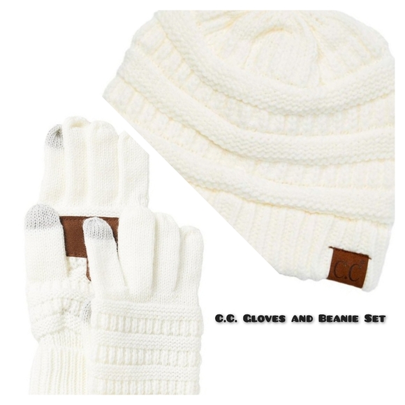 C.C Accessories - C.C Ivory Cable Knit Beanie & Gloves Set